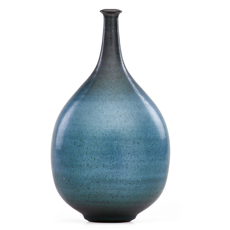 HARRISON McINTOSH Vase: HARRISON McINTOSH (1914 - 2016) Glazed stoneware bottle, Claremont, CA Impressed chop mark and original paper label 11" x 6" Provenance: Collection of Millard Sheets, California.