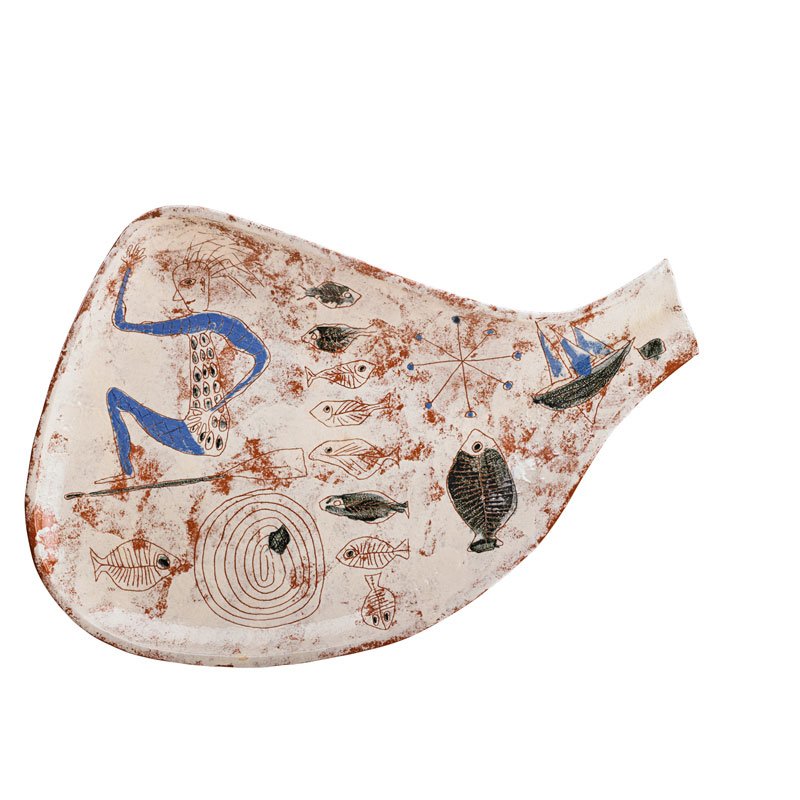 KENJI FUJITA; LA GARDO TACKETT Large fish plate: KENJI FUJITA LA GARDO TACKETT Large glazed ceramic plate with figure, paddle, fish, and boat, California, 1950s Incised "ta" mark 1 1/2" x 21" x 14"