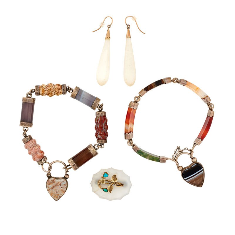 VICTORIAN SCOTTISH HARDSTONE SILVER JEWELRY: Comprising two hardstone link bracelets with carved heart-shaped agate or hardstone clasps set in scrolling foliate engraved silver; A silver sprig with turquoise flower heads mounted to carved fluori