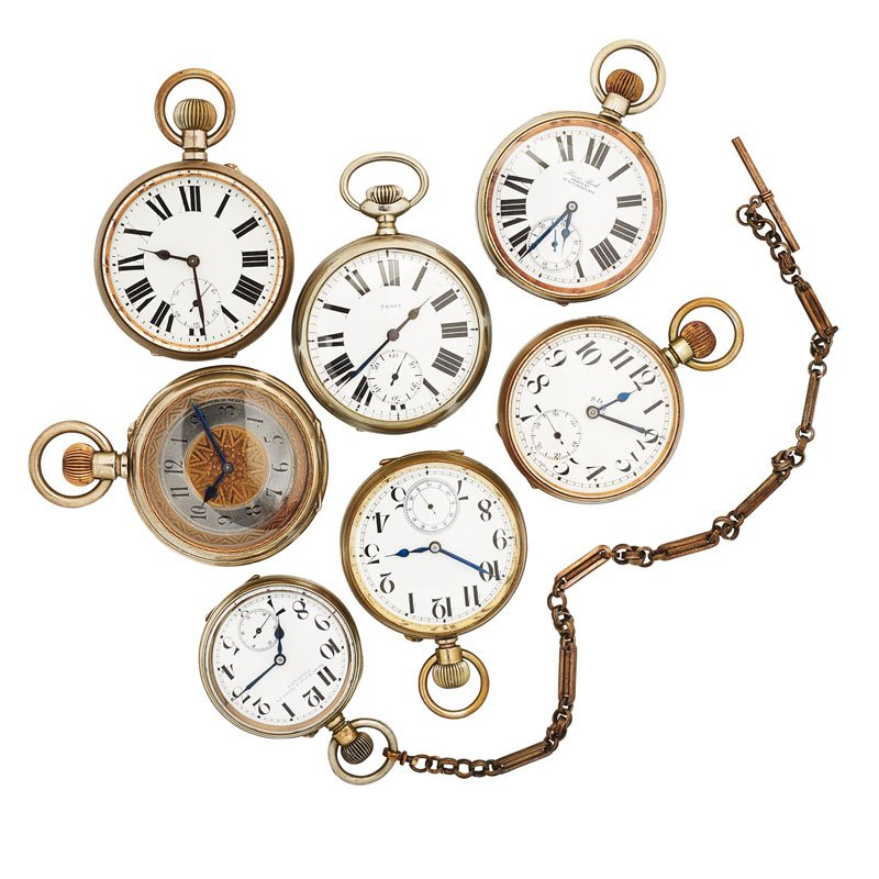 SEVEN LARGE METAL, OPEN FACE SWISS POCKET WATCHES (1 of 1)
