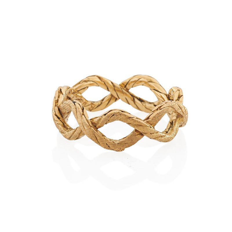 BUCCELLATI ROPED 18K YELLOW GOLD RING: Designed as a concentric overlapping rope of rigato engraved yellow gold. Inscribed Buccellati, Italy, 18k, stamped 750 with Italian control marks. Size 5 1/4. 2.3 dwt.