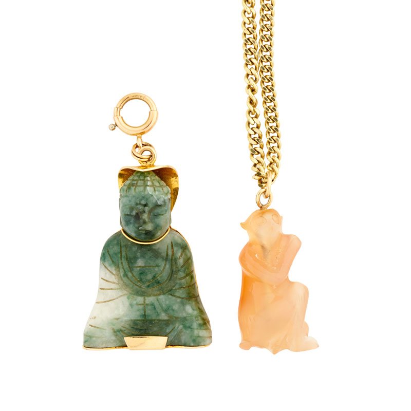 TWO CHINESE GOLD & CARVED HARDSTONE PENDANTS (1 of 1)