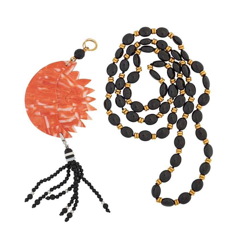 CORAL, ONYX & YELLOW GOLD SUN & MOON NECKLACE: Comprising a pendant of coral mosaic mounted on mother of pearl, carved and incised in the form of an overlapping moon and sun, onyx and pearl tassel, suspended from RBC diamond, .005 ct.; Strand of o