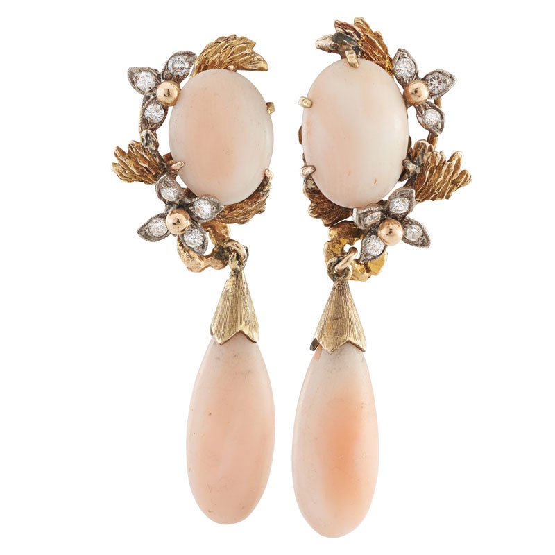 PAIR OF CORAL, DIAMOND & YELLOW GOLD EARRINGS (1 of 1)