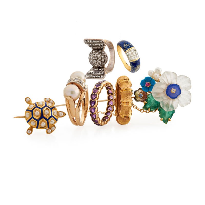 SEVEN PIECES OF GEM-SET YELLOW GOLD JEWELRY (1 of 1)