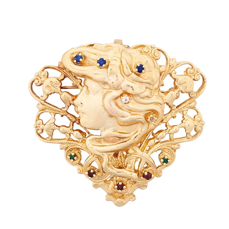 YELLOW GOLD GEM-SET ART NOUVEAU STYLE BROOCH (1 of 1)