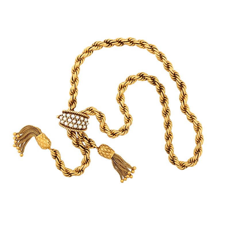 ROPED YELLOW GOLD & PEARL LARIAT: With foxtail beaded fringe tassels, joined by hinged enhancer clasp set with pearls framed in roped gold. Ca. 1950. Stamped 14k. 20". 26.17 dwt.