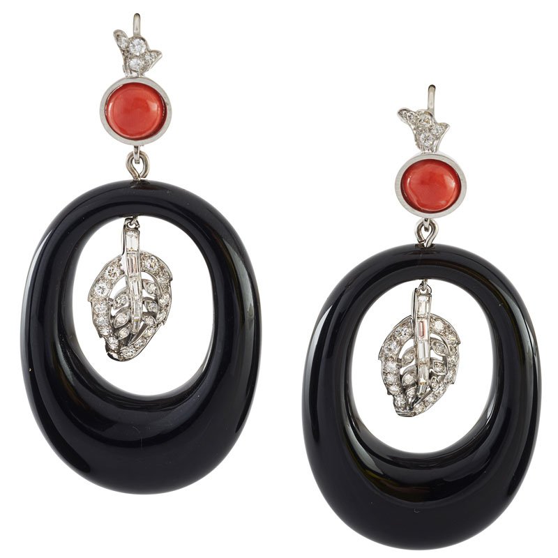CORAL, ONYX, DIAMOND & WHITE GOLD EARRINGS (1 of 1)