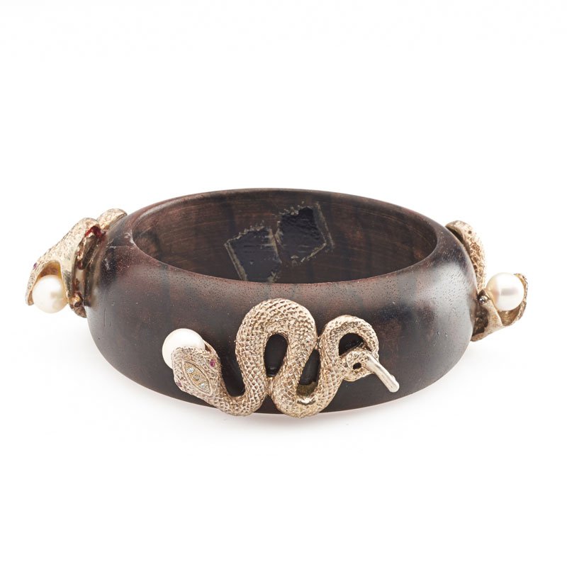 CAST & GEM SET SILVER SERPENTS ON WOOD CUFF (1 of 1)