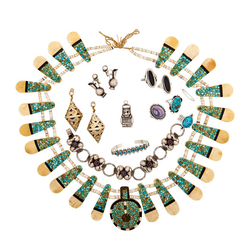 14 PIECES MEXICAN SILVER & NATIVE AMERICAN JEWELRY: Comprising five rings with onyx, turquoise, or purple agate; Cuff with round turquoise cabochons and applied shot work; Pair of pitcher-form earrings; A link bracelet with round amethyst cabochons; Sh