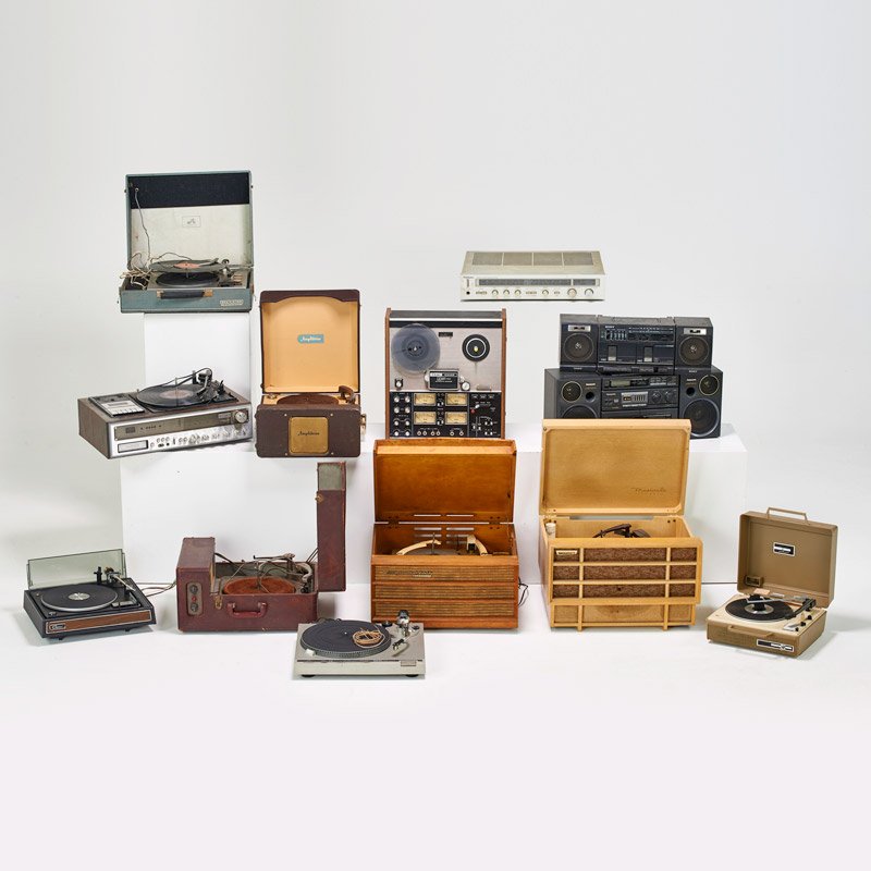 TURN TABLES, BOOM BOXES, ETC.: Thirteen including: Zenith tape/record player, Technics turntable with receiver, Webcor record player, etc., Mid-late 20thc.; Largest: 13 1/2" x 21" x 17 1/2"