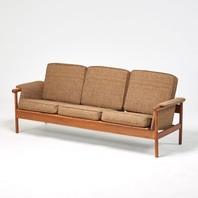 DANISH: Three-seat sofa, 1970s; Unmarked; Teak, upholstery; 29 1/2" x 77" x 28"