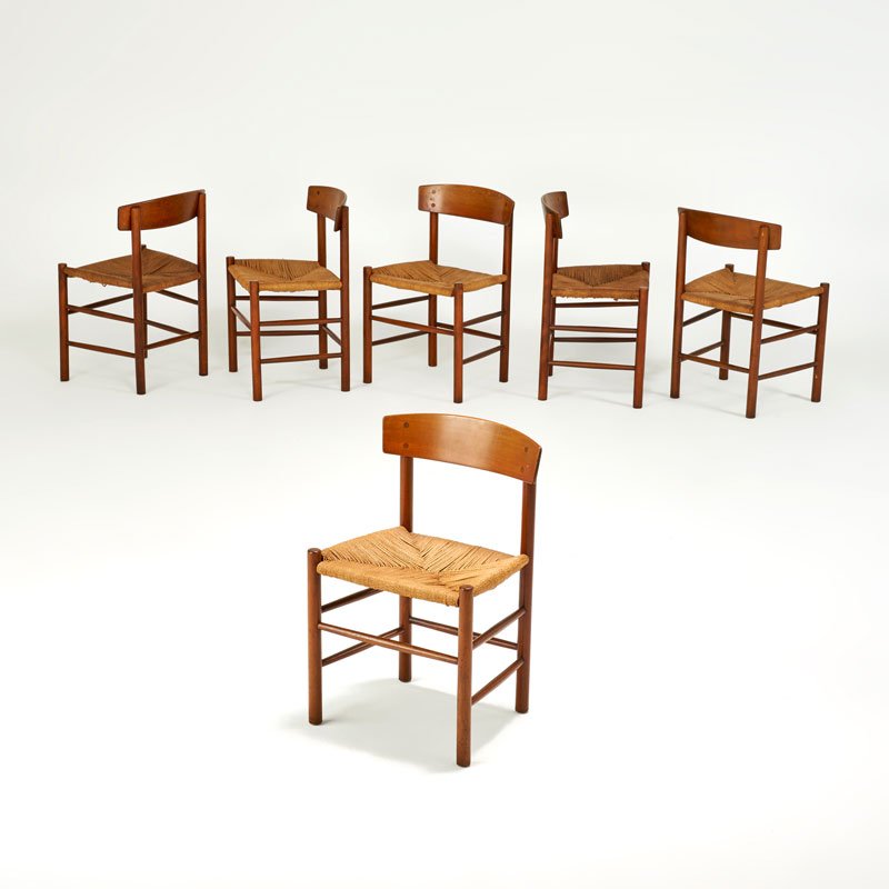BORGE MOGENSEN: Set of six dining chairs, Denmark, 1960s; Stained beach, woven paper cord; Unmarked; 31" x 19" x 17"