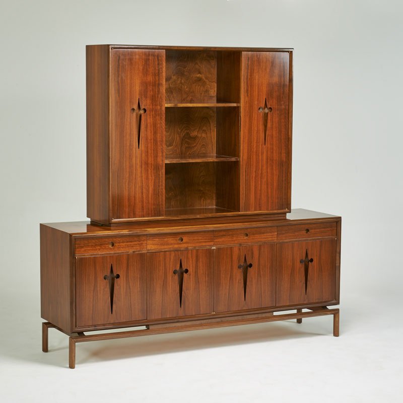 EDMUND SPENCE: Cabinet with hutch, Sweden, ca. 1960; Figured walnut; Unmarked; Lower: 31 1/2" x 75" x 20", hutch: 43" x 51" x 14"