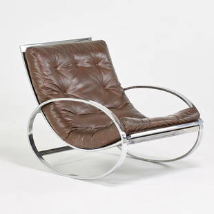 RENATO ZEVI: Rocking chair, Italy, 1970s; Chromed steel, vinyl upholstery; Unmarked; 32" x 28" x 42"