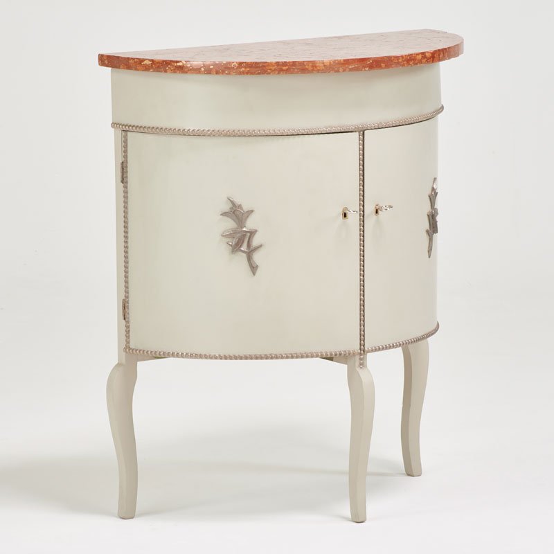 GERMAN ART DECO: Petite demi-lune cabinet, 1920s/30s; Marble top, enameled and silvered wood, chromed steel; Unmarked; 30 1/2" x 26" x 13"