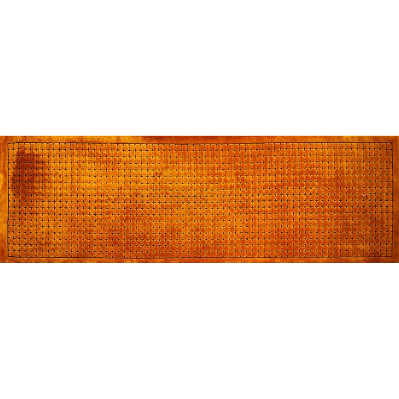 EDWARD FIELDS: Sculpted wool long rug with raised pile, surrounded by a border, NY, 1971; Signed on the selvedge; 72" x 239"