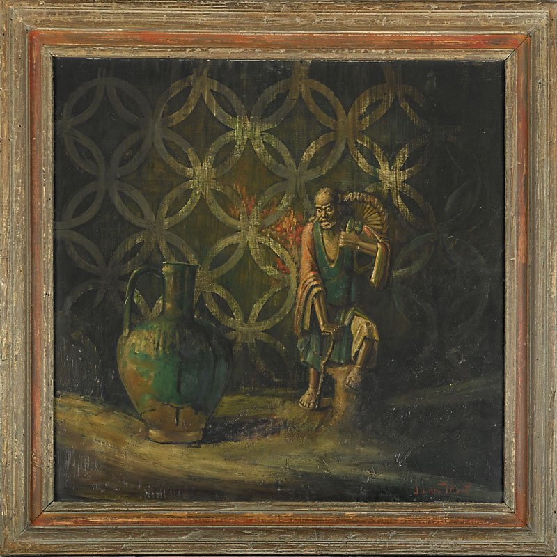 JAMES MONT: Painting of a man with a vase (framed), New York; Oil on masonite; Signed; Sight: 25 1/2" x 27 1/2"
