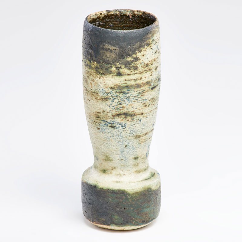 STYLE OF RUTH DUCKWORTH: Corseted vase; Glazed stoneware; Marked "RI"; 9" x 3 1/4" dia.