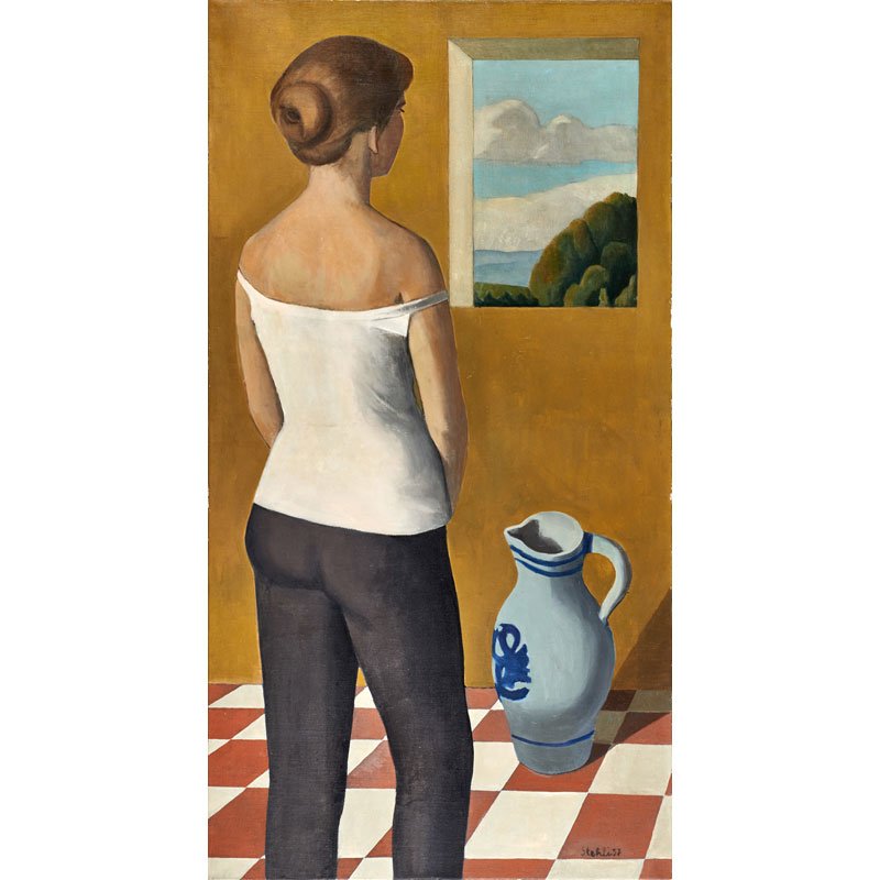 JEAN CLAUDE STEHLI (Swiss, 1923-2001): Oil on canvas; Untitled (woman at window), 1957 (unframed); Signed and dated; 53 1/4" x 27 1/2"