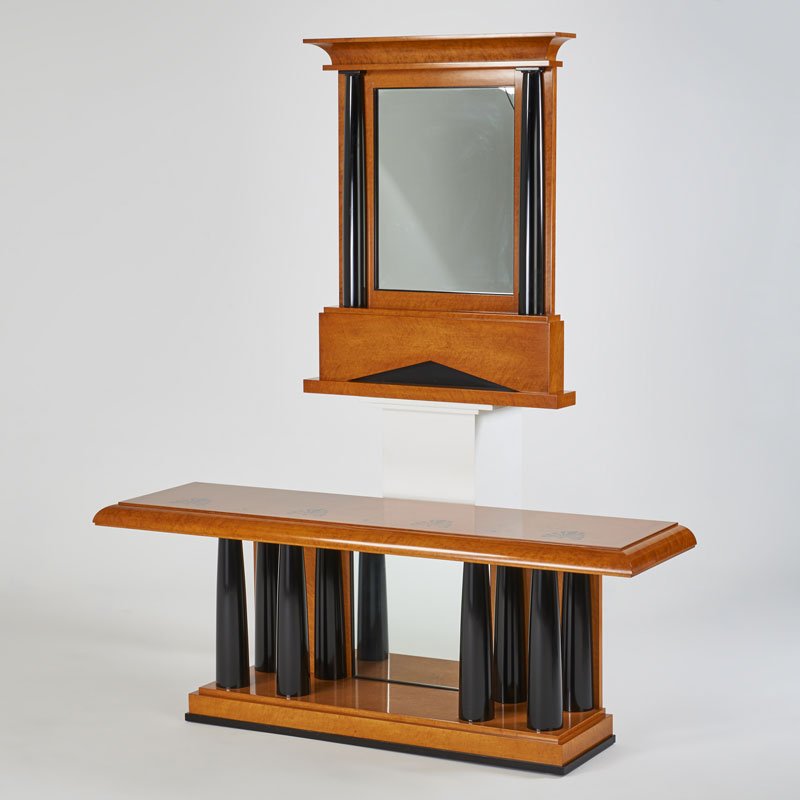 MICHAEL GRAVES; CRAFTWOOD PRODUCTS: Mirror and console, Canada/USA, 1990s; Quilted maple, laquered wood, mirrored glass; Console: 29 1/2" x 77" x 20 1/2", mirror: 47" x 38" x 5 1/2"