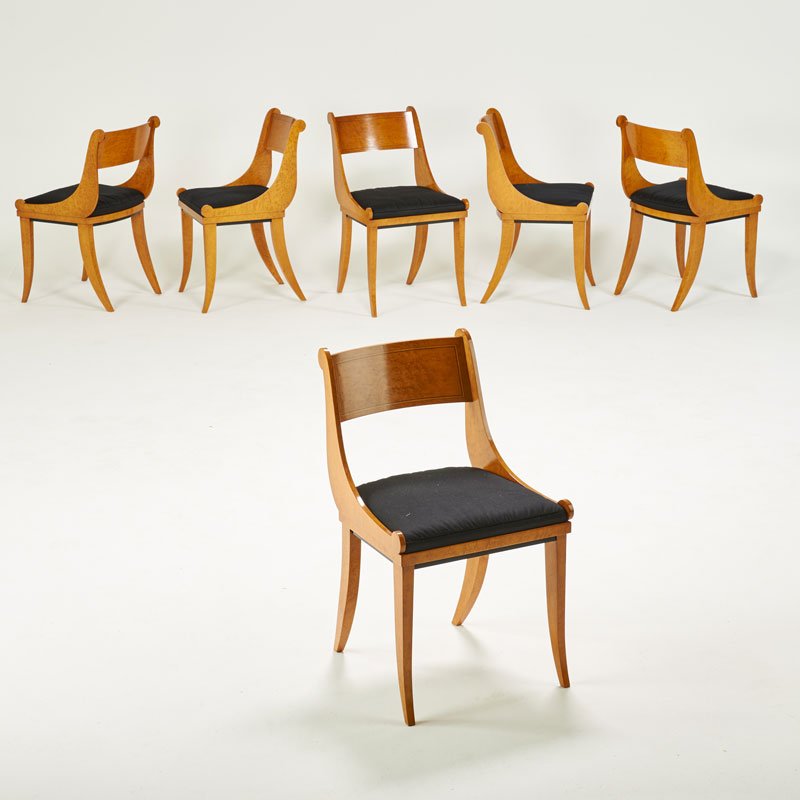 MICHAEL GRAVES; CRAFTWOOD PRODUCTS: Six dining chairs, Canada/USA; Bird's Eye maple, lacquered wood, upholstery; 33 1/2" x 19 1/2" x 21"
