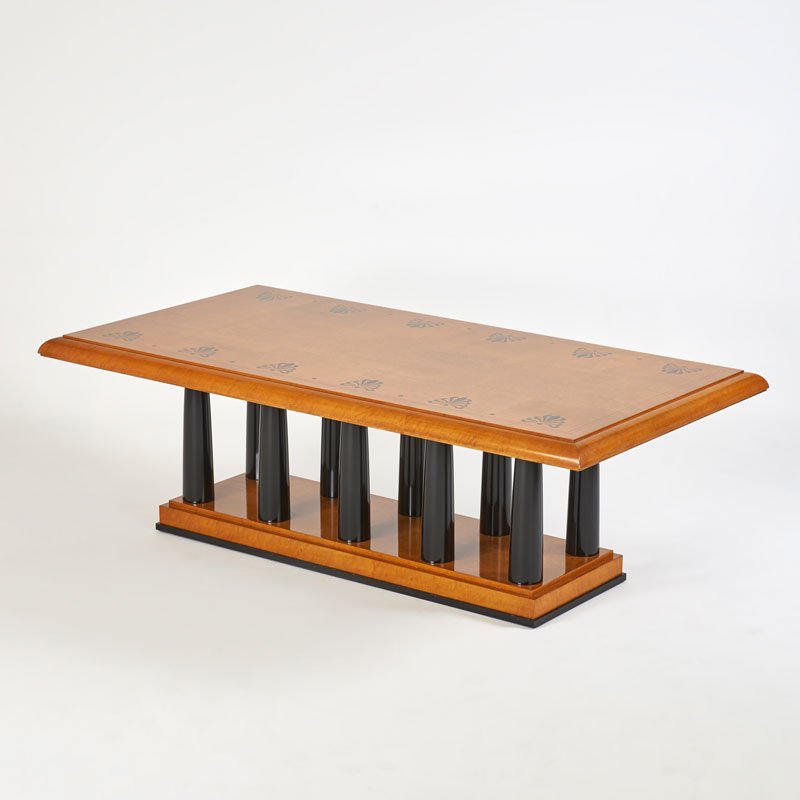 MICHAEL GRAVES; CRAFTWOOD PRODUCTS: Dining table, Canada/USA, 1990s; Quilted maple, laquered wood; 29" x 89" x 47"
