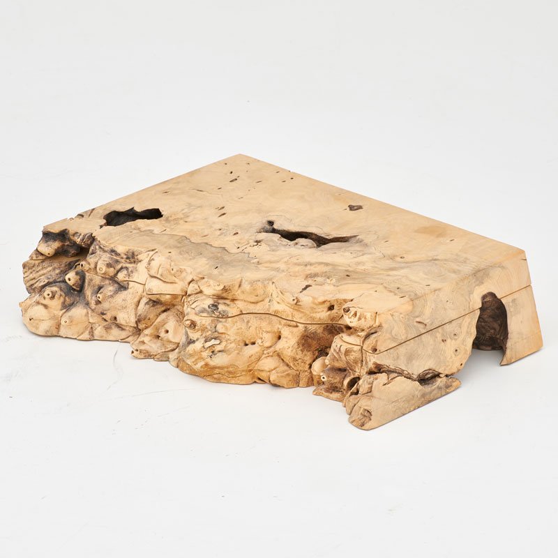 MICHAEL ELKAN (1942-2014): Burlwood box with hinged lid, two interior compartments, Silverton, OR, late 20th c.; Signed; 2 1/2" x 9 3/4" x 8"