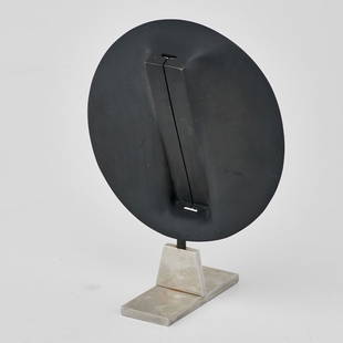 JAMES WINES (American, b. 1932): Patinated bronze disk sculpture mounted on polished steel base, Illinois/New York; Signed and numbered; 12 3/4" x 9 1/2" x 3"