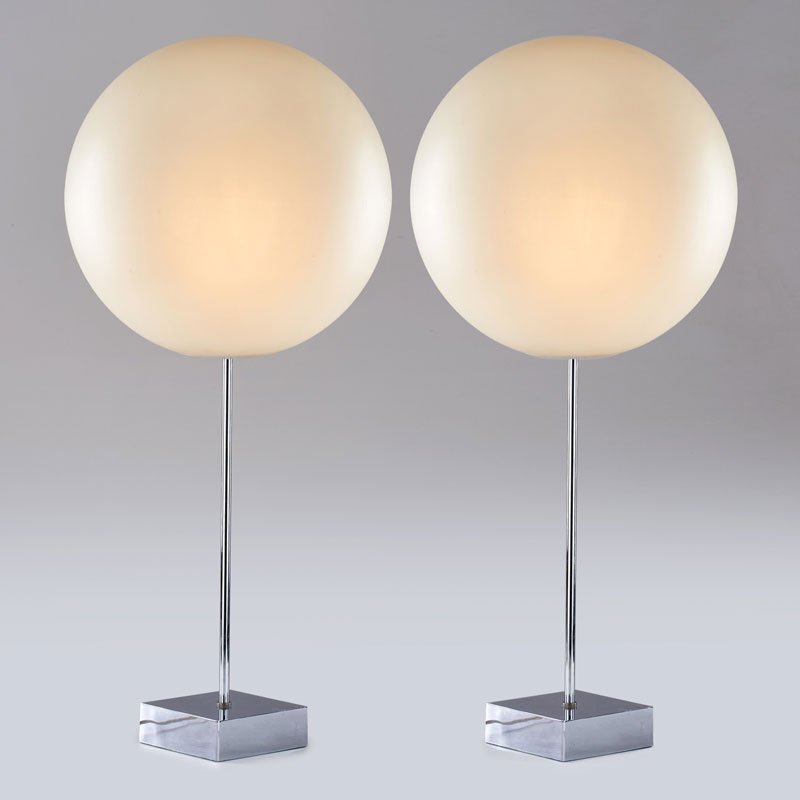 ROBERT SONNEMAN: Pair of oversized globe table lamps, USA, c.1960; Chromed steel, polymer shades; 35" x 16" dia.