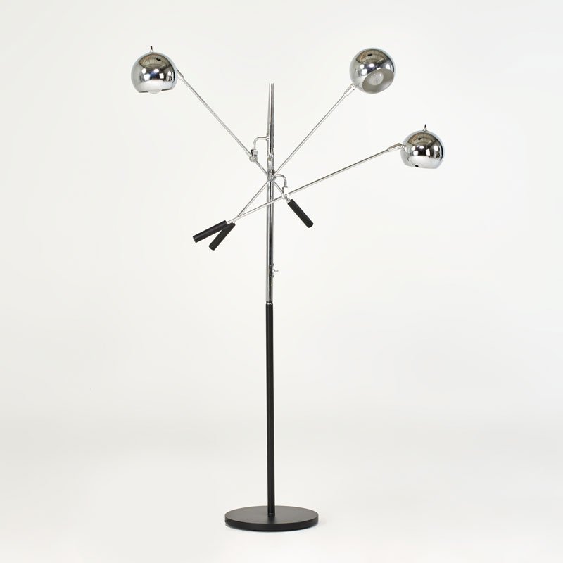 ROBERT SONNEMAN: Orbitor, three-arm floor lamp, USA, 1970s; Chromed and enameled steel, resin; Unmarked; As shown: 64" x 44" x 26"