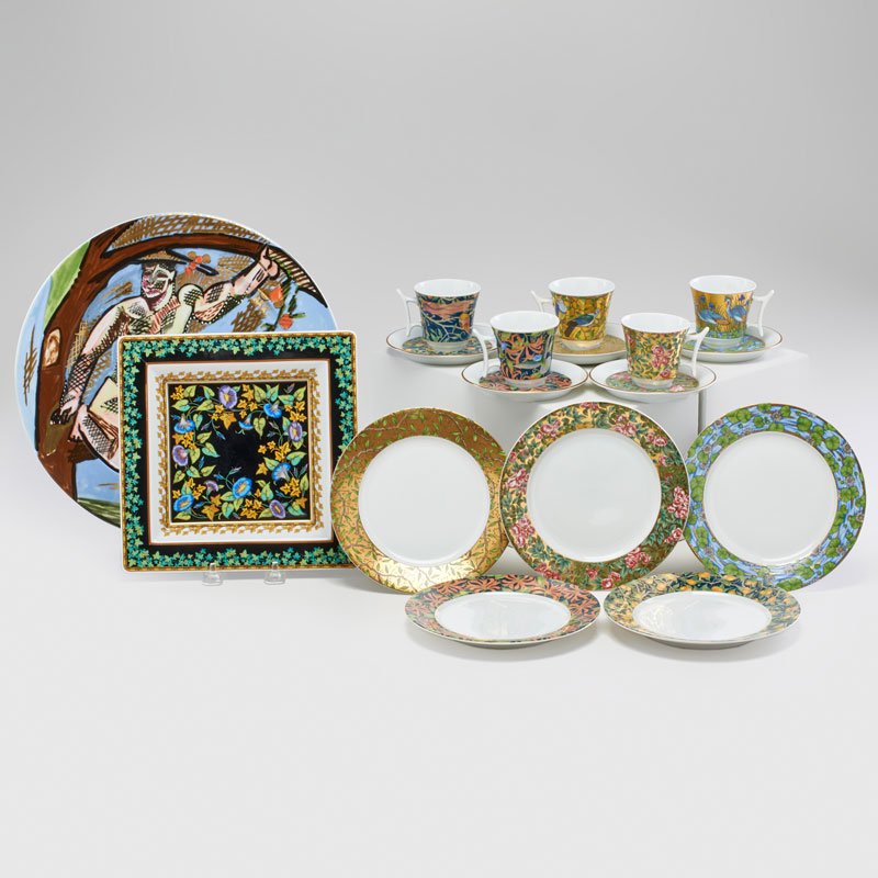 ROSENTHAL: Seventeen pieces: Sandro Chia charger decorated with a nude on branch, Versace Gold Ivy plate, four Birds of Paradise (series 1, 3, 4 and 6) demitasse cups with matching saucers and plates and one Reg