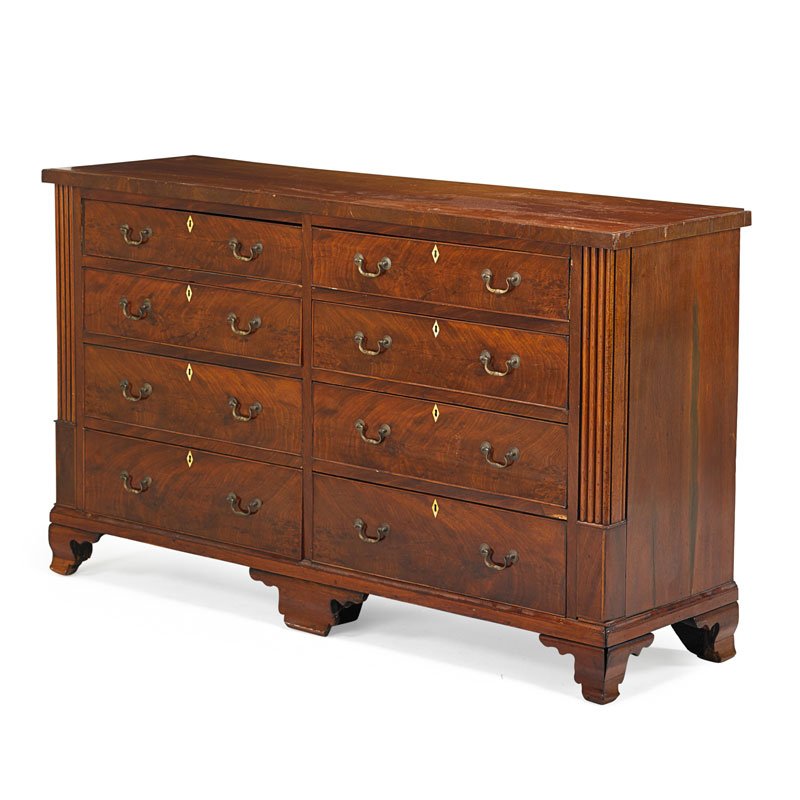 GEORGE IV MAHOGANY DOUBLE DRESSER: With graduated drawers on ogee bracket feet, England, second quarter 19th c.; 44 1/2" x 75 1/2" x 23"