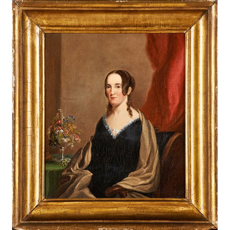 CHESTER HARDING (American, 1792-1866) (Attr.): Portrait of Miss E.F. Quimby of Quincy, Mass.; Oil on canvas (framed); Titled on label to verso; 14 1/2" x 12"