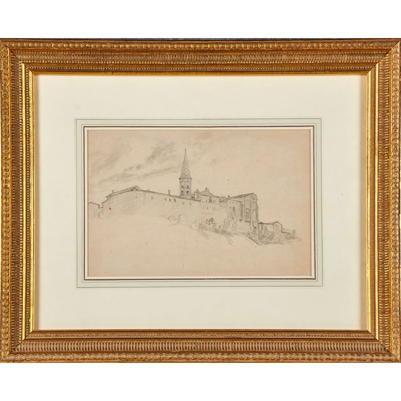 ELIHU VEDDER (Attr.) (American, 1836-1923): Italian Walled City with Church; Graphite on paper (framed); Unmarked, titled on label to verso; 7 1/2" x 11 1/4" (sight)
