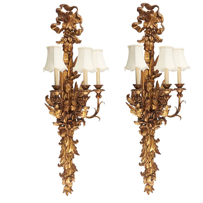 PAIR OF GILTWOOD THREE LIGHT SCONCES: With ribbon and foliate decoration, probably France, 20th c.; 40 1/2" x 15"