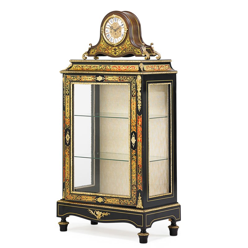 LOUIS XIV STYLE BOULLE INLAID CABINET: Together with clock, France/Germany, 20th c.; Cabinet: 49 1/2" x 30 1/2" x 16"