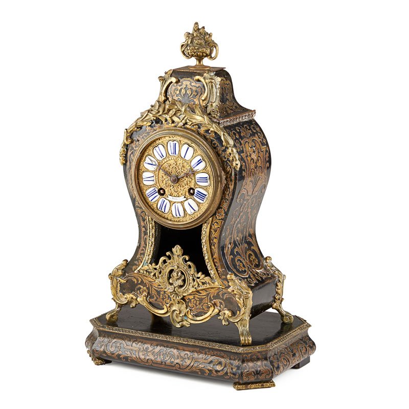 GERMAN BOULLE MANTEL CLOCK: Enameled dial with inlaid wood case and ormolu mounts on complementing platform, Germany, 19th c.; Marked; Clock: 13 1/2" x 7 1/4"