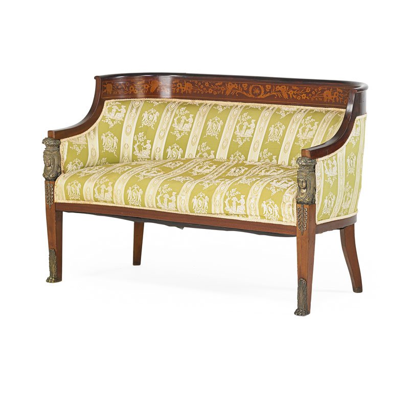 MARQUETRY INLAID MAHOGANY SETTEE: Bronze mounted, Continental, late 19th/early 20th c.; 34" x 52" x 25"