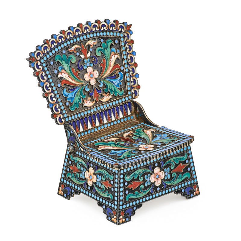 RUSSIAN ENAMELED SILVER SALT CELLAR: Finely detailed enameled chair-form salt cellar, Russia, 19th/20th c.; Marked; 4" x 3 1/2" x 3"; 7.2 OT