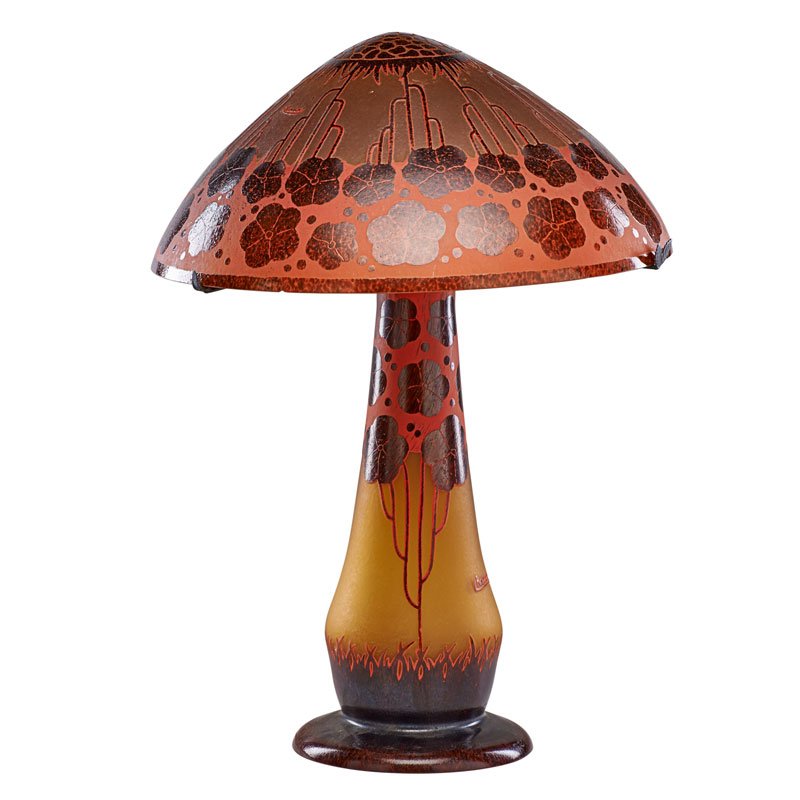 CHARDER STYLE CAMEO GLASS LAMP: Orange glass lamp with acid-etched "cardamine" pattern overlay in red with domicile shade and lighted base, mid to late 20th c.; 28 1/2" x 20"