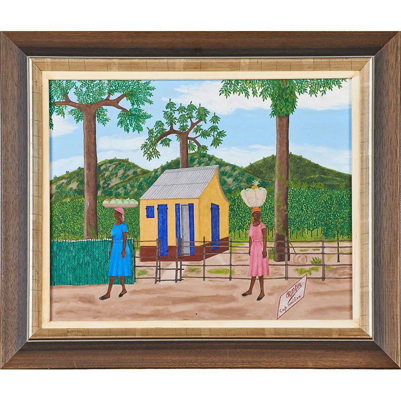PHILOME OBIN (Haitian, 1892-1986): Untitled (village scene); Oil on panel (framed); Signed; 12 7/8" x 15 3/4"