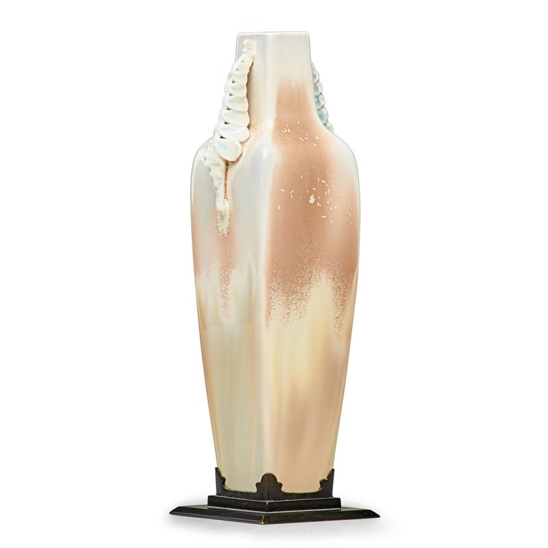 SEVRES Fine porcelain vase: ALEXANDRE SANDIER (1843 - 1916) SEVRES Fine porcelain vase with crystalline glaze, applied handles, and bronze base, France, 1903 Triangular S1903 stamp, incised RL/D 9" x 3" Provenance: Collection of