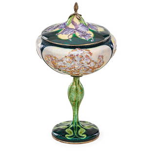 EUGENE FEUILLATRE Important coupe: EUGENE FEUILLATRE (1870 - 1916) Important coupe, "Azalées," France, 1902 In original fitted box Enameled silver Stamped FEUILLATRE with control marks 10 1/8" x 5 1/2" Provenance: Collection of Jerome