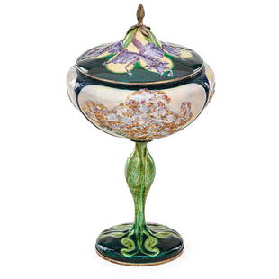 EUGENE FEUILLATRE Important coupe: EUGENE FEUILLATRE (1870 - 1916) Important coupe, "Azalées," France, 1902 In original fitted box Enameled silver Stamped FEUILLATRE with control marks 10 1/8" x 5 1/2" Provenance: Collection of