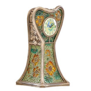 EUGENE FEUILLATRE Fine desk clock: EUGENE FEUILLATRE (1870 - 1916) LEPINE Fine and rare desk clock with butterflies and nasturtiums, France, ca. 1900 Silver, plique-à-jour enamel Incised Lépine Edit. Feuillâtre Sc., clockworks incis