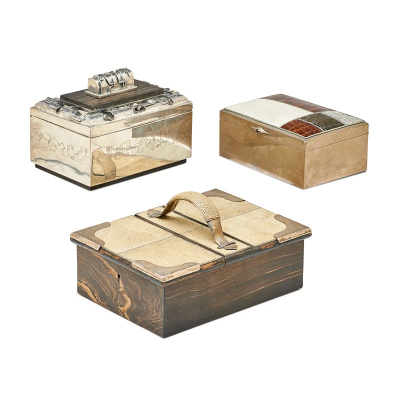 BETJEMANN BROS, ETC. Three decorative boxes: BETJEMANN BROTHERS SCANDINAVIAN ART DECO Three decorative boxes, early 20th C. Silver, sterling silver, shagreen, alligator, ebony, velvet Two marked 5 1/2" x 10" x 7 1/4", 5 1/2" x 7" x 4 3/4", 3" x