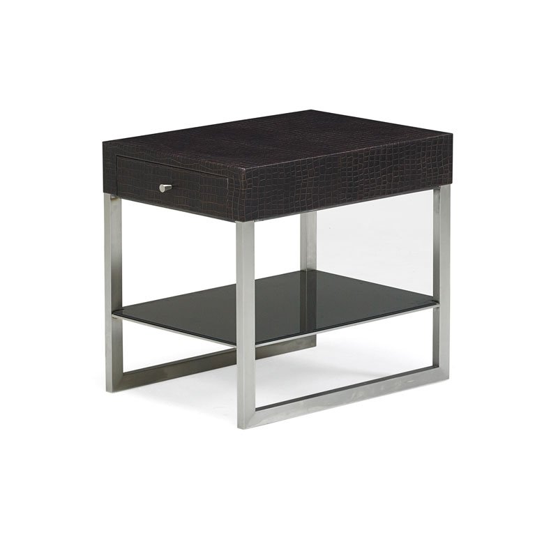 RON SEFF Vecter lamp/side table: RON SEFF Vecter lamp/side table, New York, 2000s Matte-chromed steel, printed leather, black glass Unmarked 25" x 20 1/2" x 28"