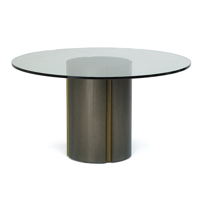 RON SEFF Channeled dining table: RON SEFF Channeled dining table, New York, 2000s Patinated brass, glass Unmarked 29 1/2" x 54" dia.