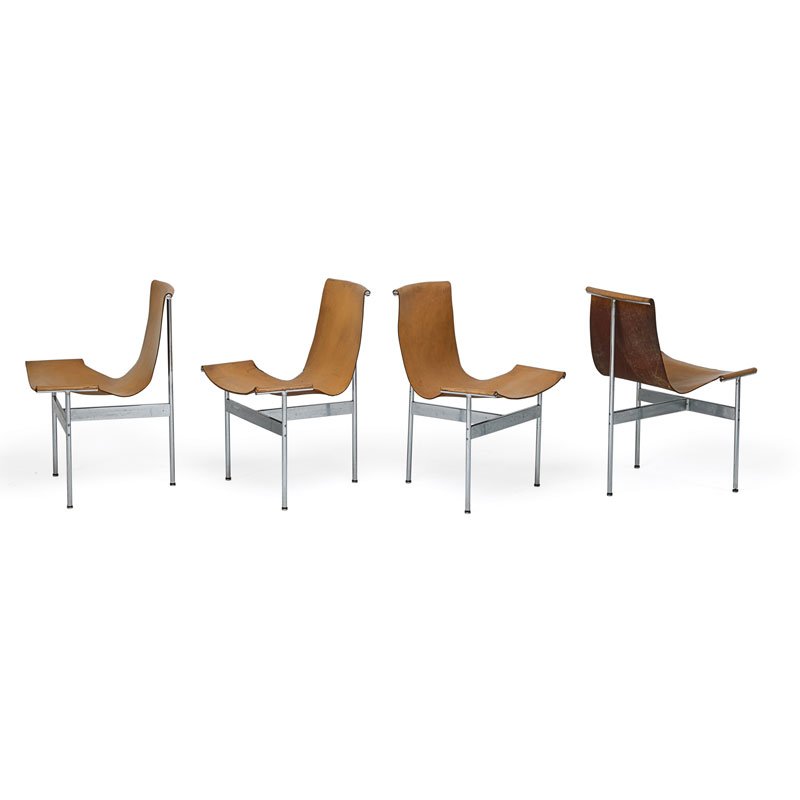 KATAVALOS, LITTELL AND KELLEY Four "T" chairs: KATAVALOS, LITTELL AND KELLEY LAVERNE INTERNATIONAL Set of four "T" chairs (no. TG-10), USA, 1950s Chromed steel, saddle leather Unmarked 32" x 23" x 22"